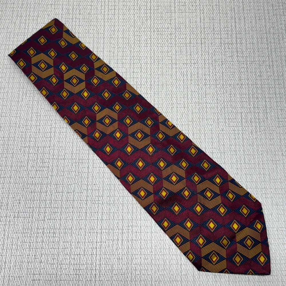 Biella Britches of Georgetowne Tie Mens OS Burgundy Gold Geometric Silk Vintage